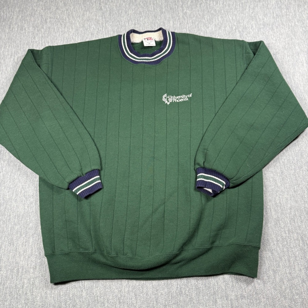 College House Sweatshirt Men XL Green University of Phoenix Striped Crewneck VTG